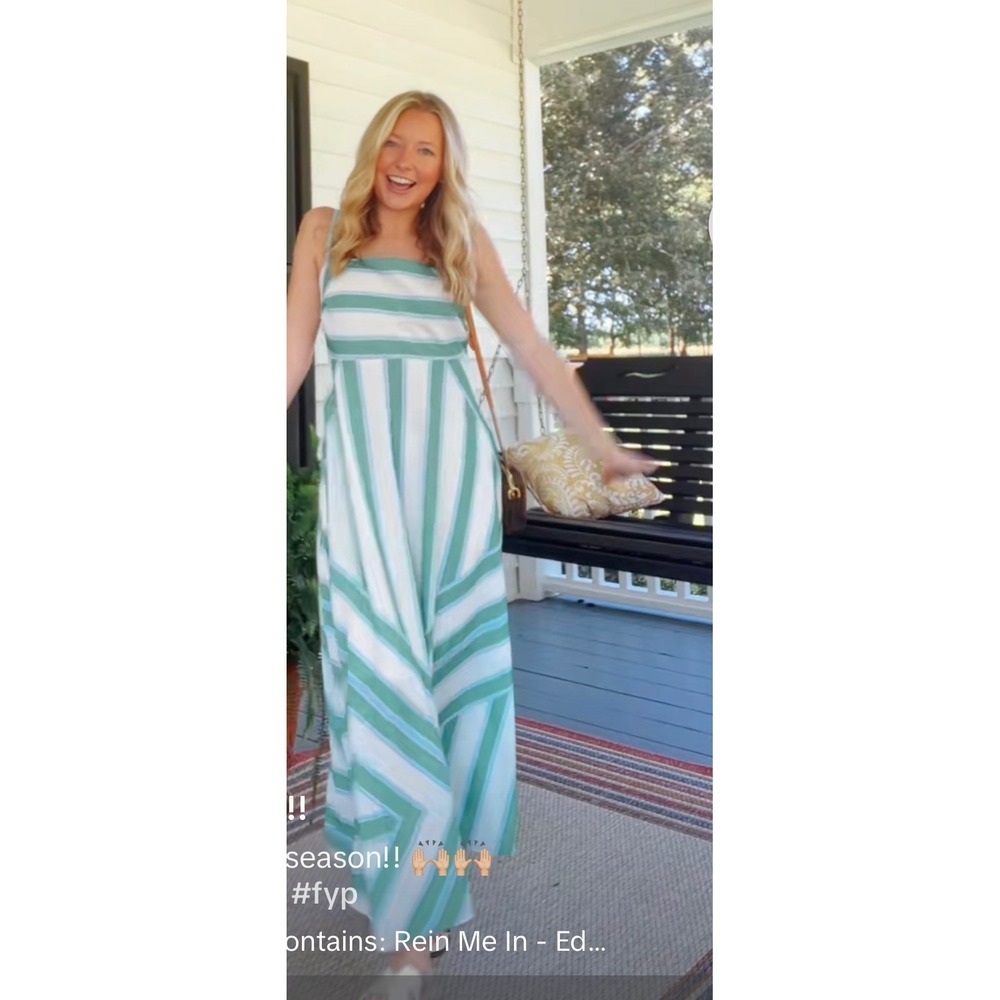 Eliza J Striped Midi Dress XL Green White NEW Smocked Back Fit & Flare EJ6M5510